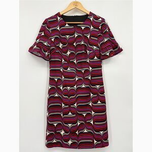 Trina Turk Ribbon Print Ruffle Sleeve Sheath Dress Size 4, Lined Short Sleeve